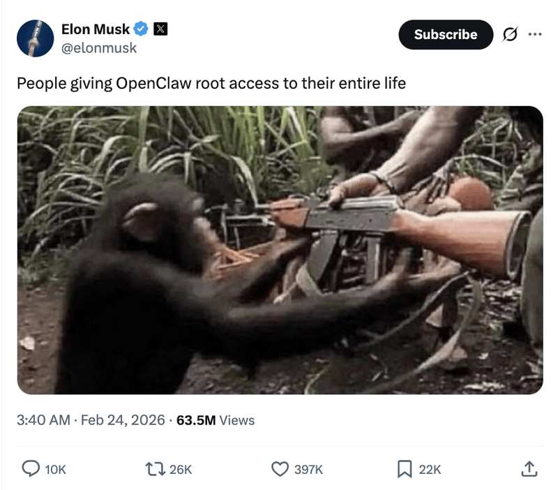  物理断电终止暴走；Meta高管邮箱遭OpenClaw清空；马斯克以猴子步枪比喻警示行业隐患。 IT技术